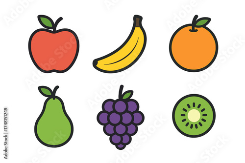 Colorful collection of fruit symbols including apple banana orange pear grapes and kiwi