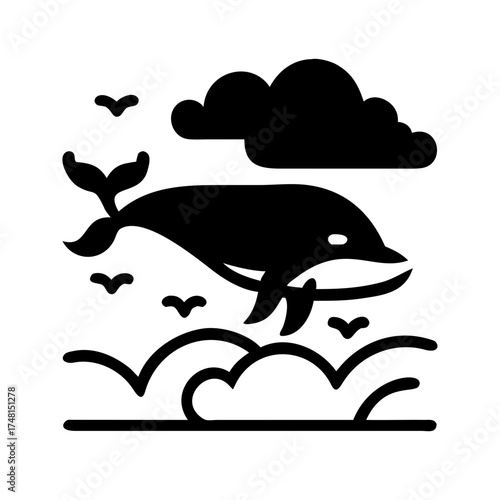 Whale swimming in the ocean with birds