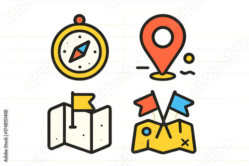 Colorful navigation and location icons including compass, map pin, and folded map