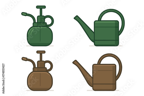 Collection of four gardening tools including watering cans and plant sprayers in green and brown