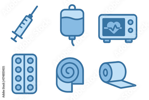 Essential medical equipment and supplies set including syringe, IV drip, heart monitor, pills, and bandages