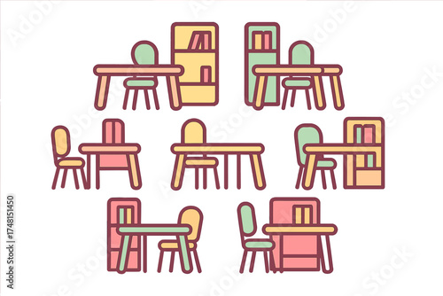 Colorful collection of office and study furniture items including desks, chairs, and storage units