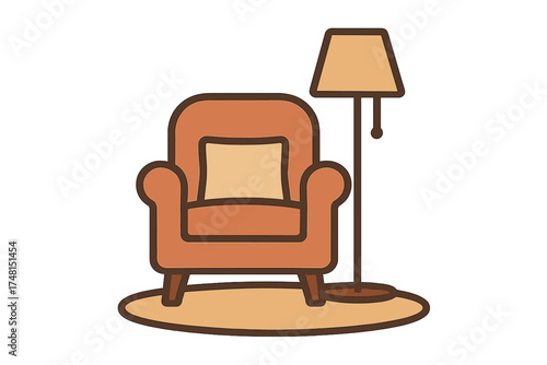 Comfortable living room furniture set featuring a cozy armchair, standing floor lamp, and decorative rug