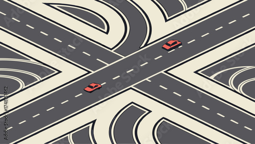 Aerial View of Road Intersection with Cars Transportation and Urban Infrastructure Design Illustration.