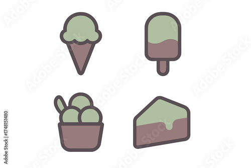 Stylized dessert set featuring ice cream cone popsicle sundae and cake slice
