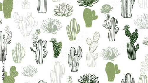 Minimalist Olive Green Light Green Cactus Patterns Flowers