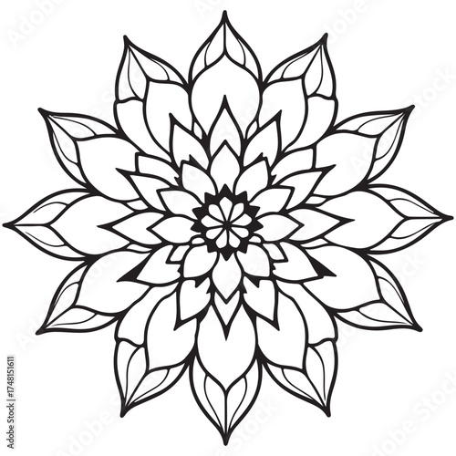 A detailed black and white floral mandala with intricate petal patterns, isolated on white background, perfect for coloring