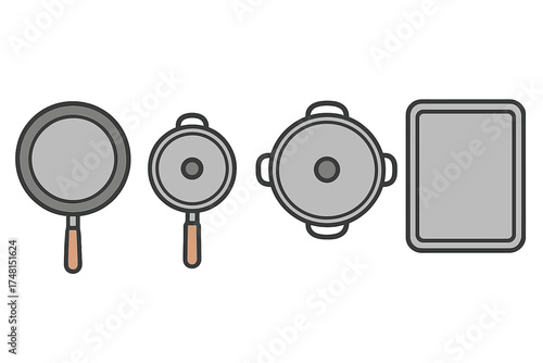 Essential kitchen cookware collection including frying pans, cooking pot, and rectangular baking sheet viewed from above