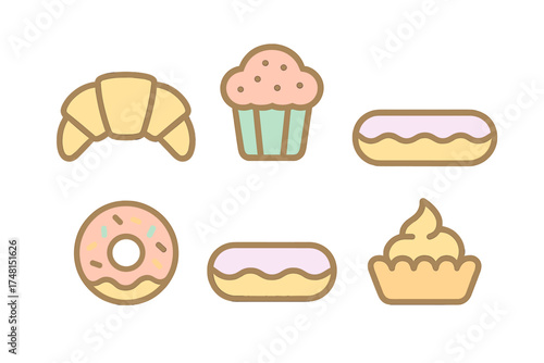 Assortment of sweet baked goods and pastries including croissant, donut, and cupcake