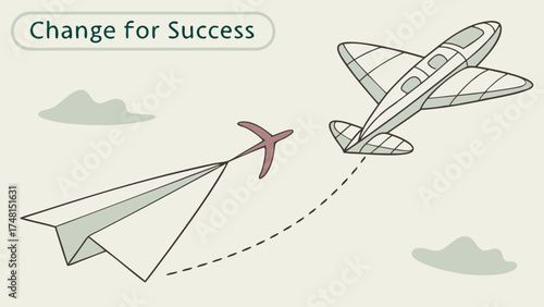 Airplane transforming into paper plane growth success journey ambition progress achievement aspiration goal target flight takeoff sky clouds air travel vector illustration graph.