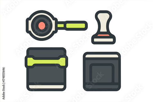 Essential coffee tools including portafilter, tamper, and storage containers