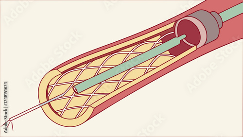 Angioplasty stent placement vascular surgery medical illustration cross-section diagram healthcare treatment procedure artery vein blood vessel medical device catheter intervention.