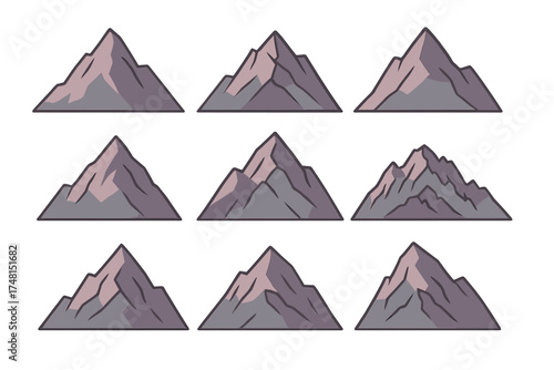 Set of nine distinct graphic mountain shapes for nature and adventure design