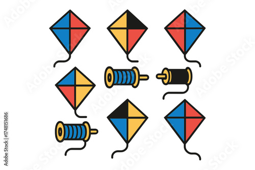 Bright pattern of diamond kites and thread spools for flying and outdoor recreation
