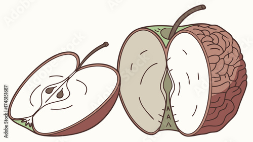 An apple cut in half revealing a brain inside alongside a regular apple half Conceptual illustration for health psychology or education.