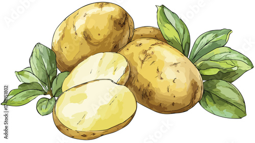 Green Leaves Wrapped Whole and Sliced Potatoes for Fresh Concept in Cooking and Culinary Art