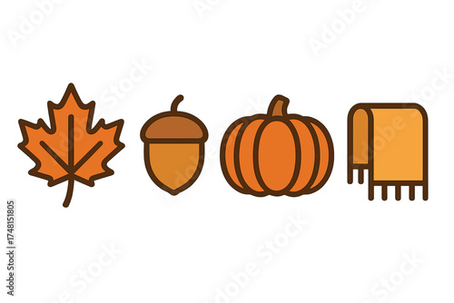 Maple leaf, acorn, pumpkin, and warm scarf representing the autumn season