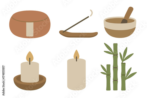 Essential items for spa treatment, relaxation, and aromatherapy including candles and bamboo