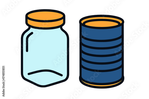 Empty glass jar and blue metal tin can with orange lids standing together