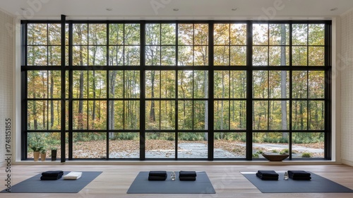 Peaceful Yoga Studio with a Grand Window Wall Framing a Sunlit Autumn Forest