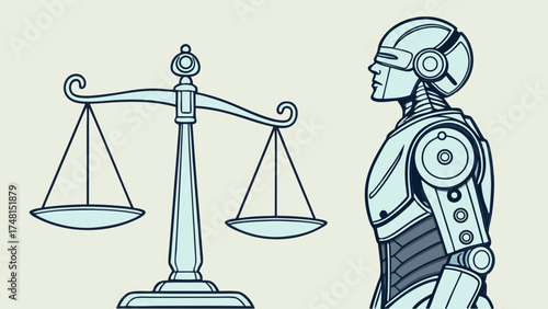 Artificial Intelligence Justice Robot Scales of Justice Law Technology Future Legal Concept Art Algorithm Cybernetics Machine Learning Digital Illustration Vector Graphic Modern Ab.