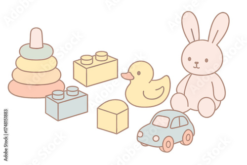 Colorful assortment of children's toys including rabbit, blocks, stacking rings, and small car