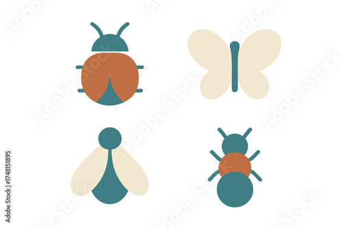 Minimal geometric collection of four insect symbols featuring ladybug butterfly and ant