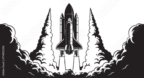 Space shuttle launching with dramatic smoke plumes and fire, symbolizing exploration and adventure isolated on transparent background