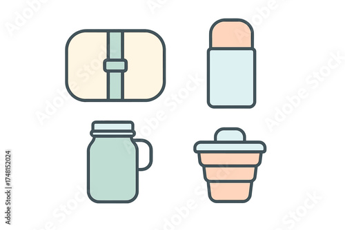 Minimalist icons of sustainable food and drink containers for zero waste lifestyle