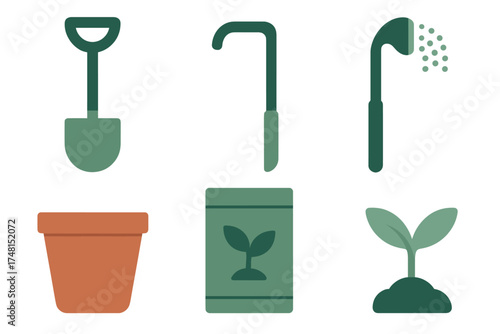 Simple flat design elements representing essential gardening equipment and planting supplies