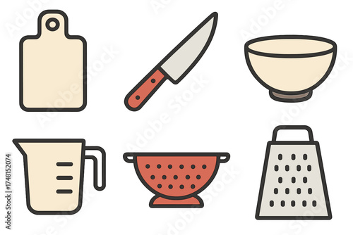 Collection of essential kitchen tools including knife, cutting board, measuring cup, bowl, and grater