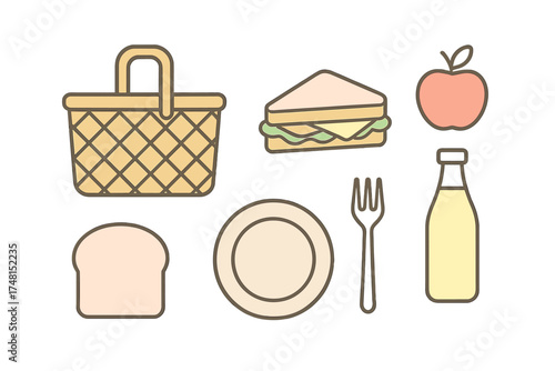 Collection of essential items for a summer outdoor picnic with food and drink