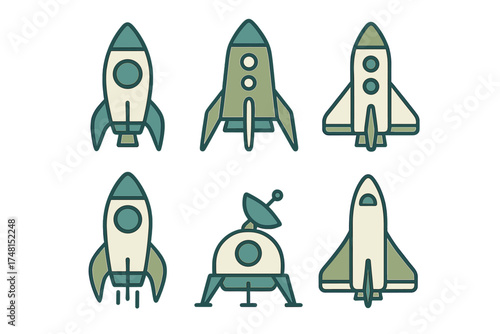 Stylized space travel icons set featuring rockets, shuttle, and lunar lander symbols