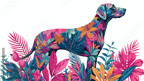 Geometric Dog in Tropical Floral Paradise Artistic Animal Illustration