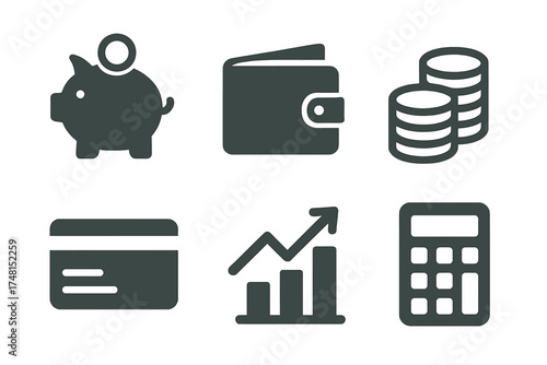 Financial and banking symbols for savings, payment, investment, and calculation concepts