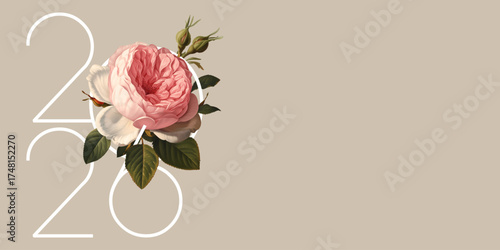 Floral design template for 2026 New Year greeting card, calendar, flyer or certificate. Vintage vector illustration with garden rose on a changeable background. 	