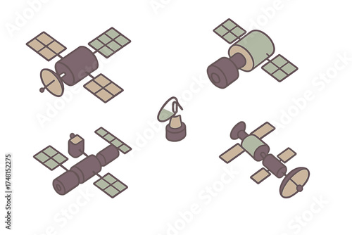 Isometric space satellites and orbital stations with solar panels and communication antennas