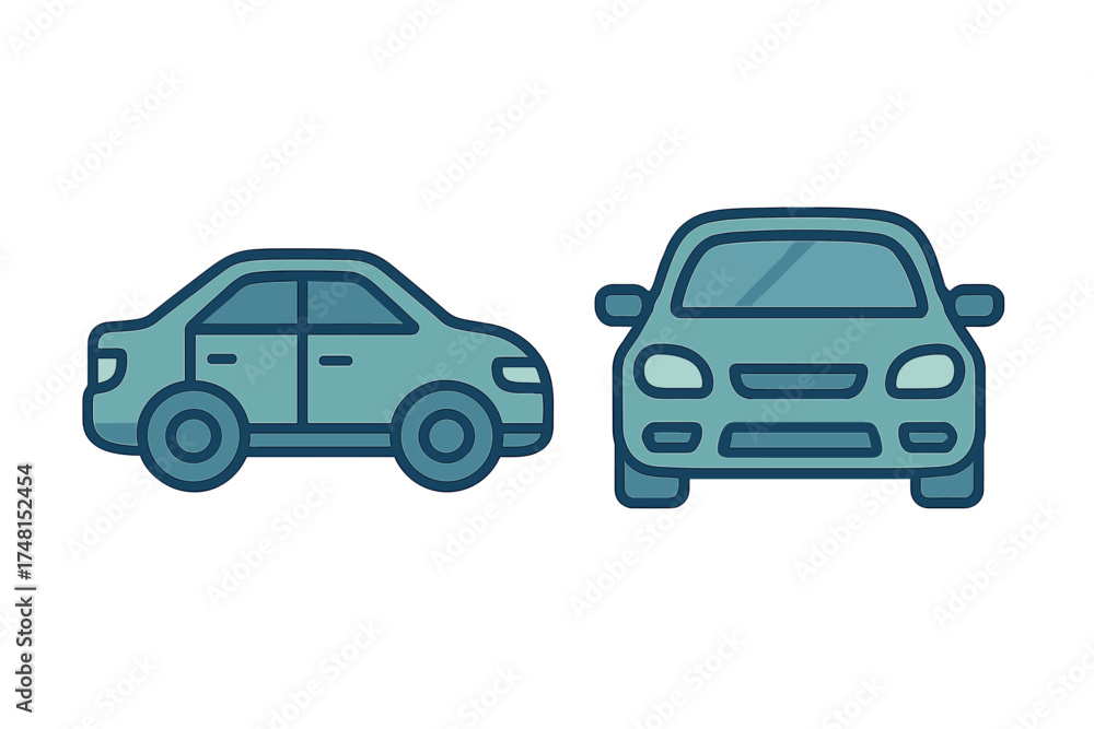 Fototapeta premium Simple graphic set showing two passenger vehicles, one in side profile and the other in front view