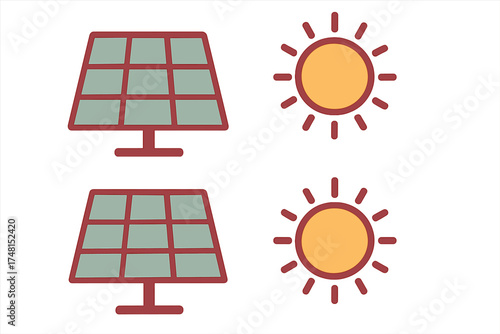 Set of renewable energy icons featuring solar panels and bright sun symbols