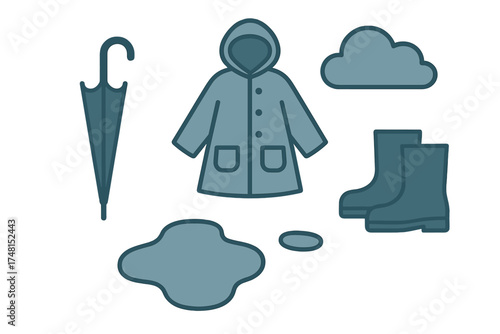 Essential rain gear collection featuring a closed umbrella, waterproof coat, rubber boots, cloud, and puddles
