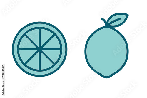 Stylized modern icon set featuring whole citrus fruit and detailed cross section slice