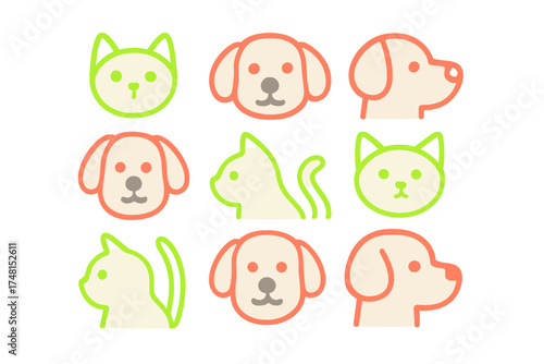 Minimalist collection of dog and cat pet icons featuring stylized heads