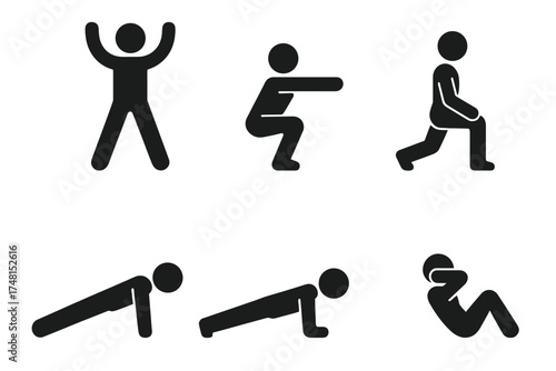 Basic human figures demonstrating core physical training and aerobic exercises