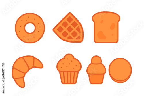 Minimalist sweet and savory baked goods featuring bagel, croissant, waffle, and muffin