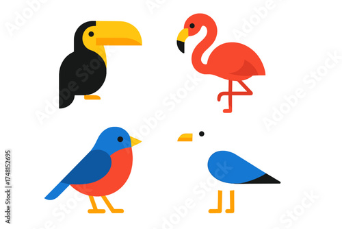 Stylized flat design of four vibrant birds: toucan, flamingo, songbird, and seagull