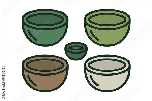 Five stylized empty kitchen bowls presented in a variety of earthy green and brown colors
