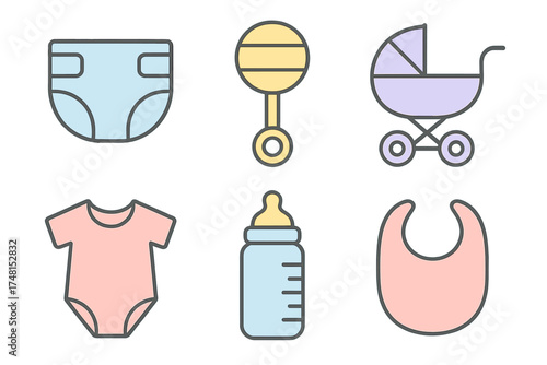 Set of essential newborn accessories: diaper, rattle, stroller, bodysuit, bottle, and bib