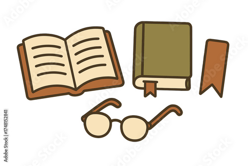 Open and closed books with reading glasses and a bookmark representing education and knowledge