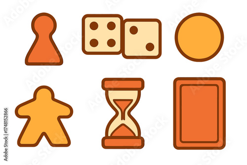 Essential tabletop game components set featuring dice, pawns, meeple, hourglass timer, and playing card shapes