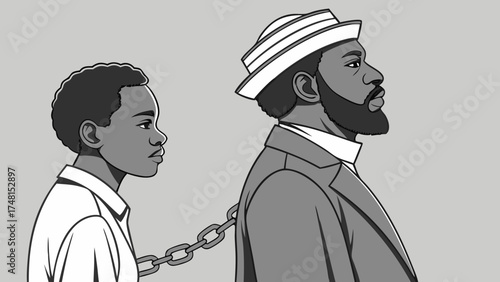 Black and white illustration of a man and child linked by a chain.